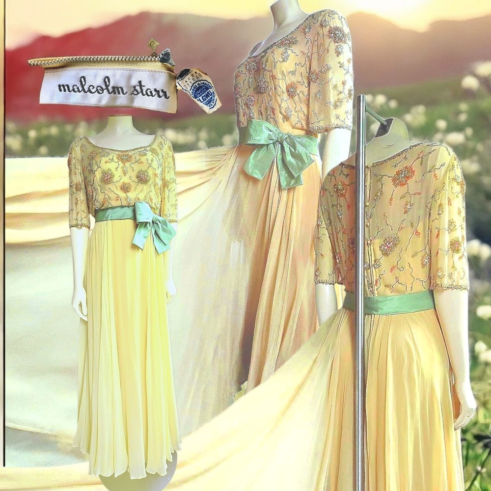 Vintage 60s Designer‎ Malcolm Starr Silk Chiffon Beaded Gown M